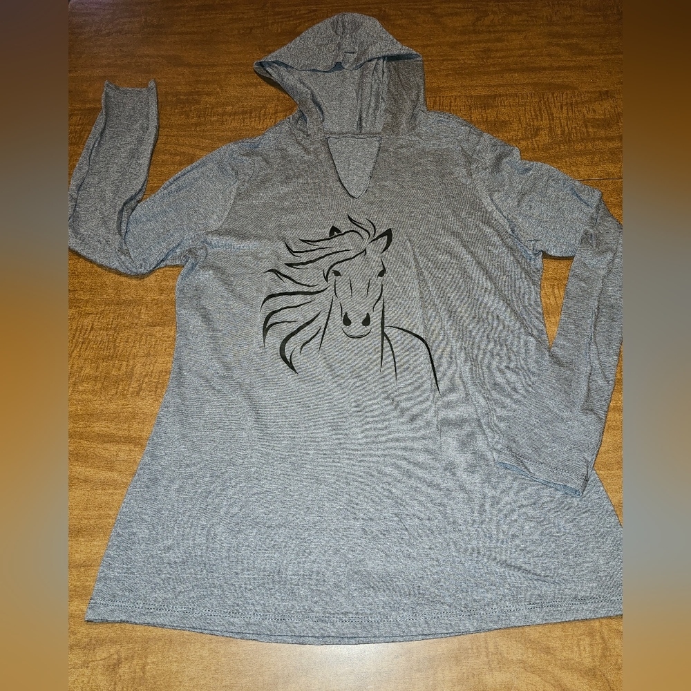 Womens Hoodie Mustang Horse Long Sleeve M L Gray